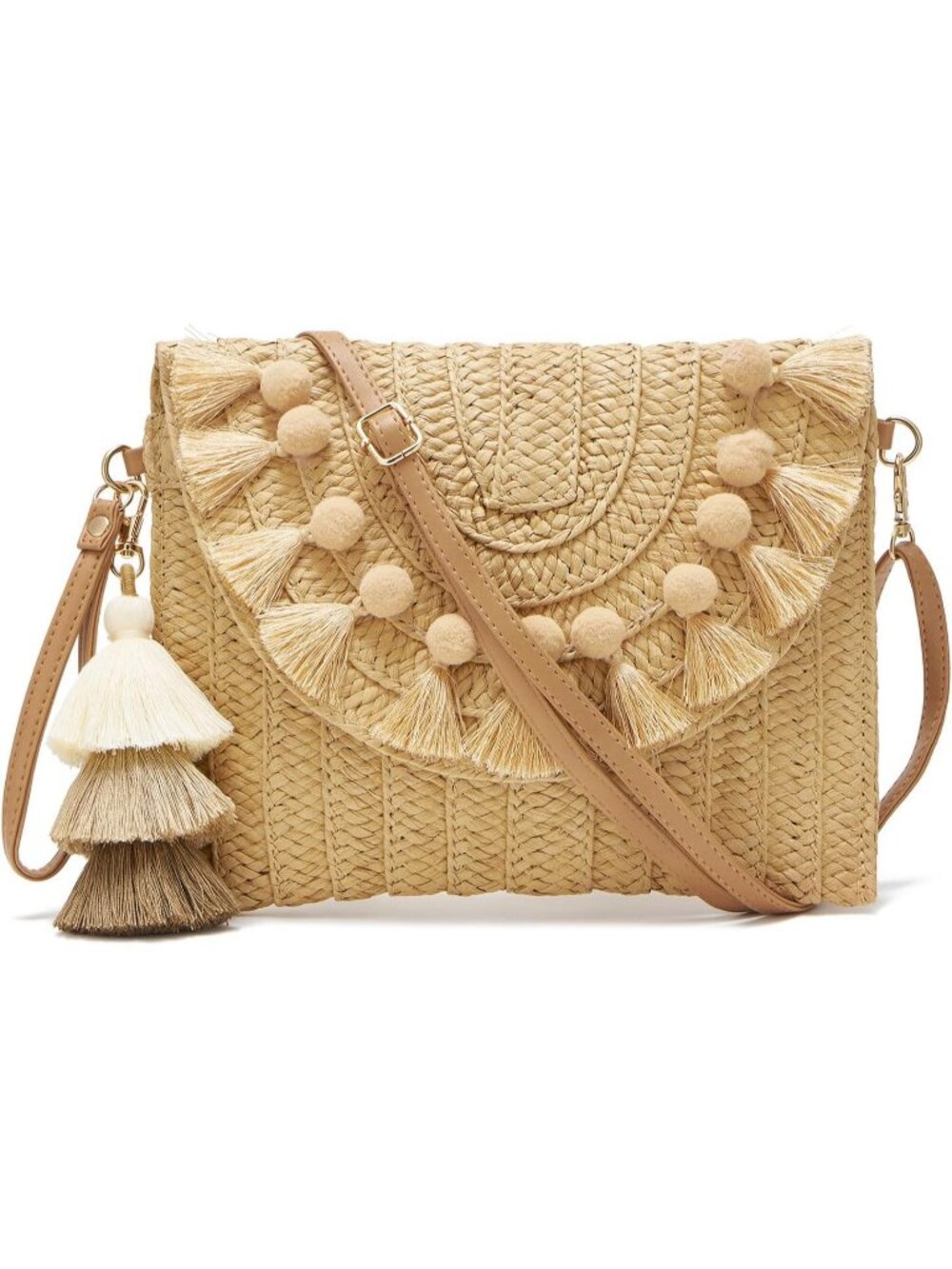 Women's Brown Summer Straw Envelope Clutch Elegant Beach Crossbody Shoulder Bag